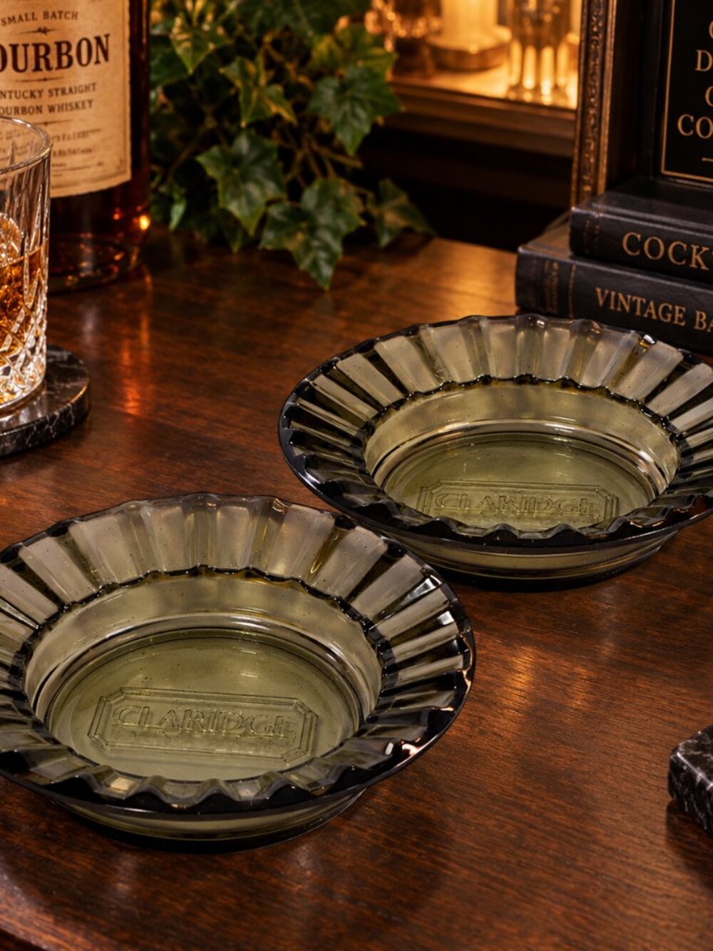 Vintage Claridge Casino Atlantic City Smoke Glass Ashtrays Set of 2